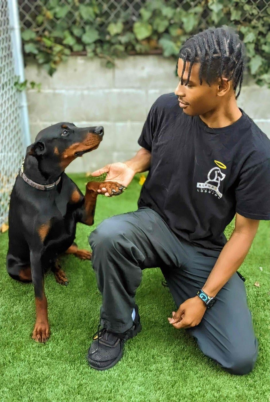 An AlphaDog team member with a dog in the yard