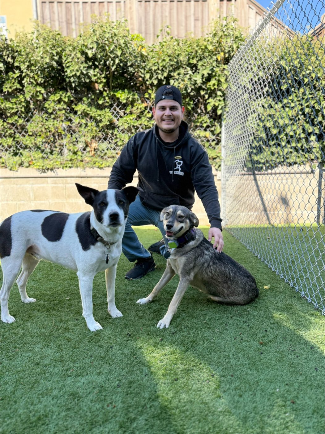 An AlphaDog team member with a dog in the yard